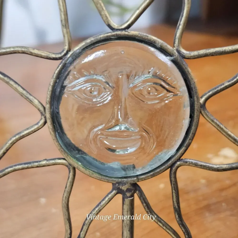 Vtg Sunburst Gold Metal Candle Holder Glass Sun Face 3d Mystical  Celestial Boho